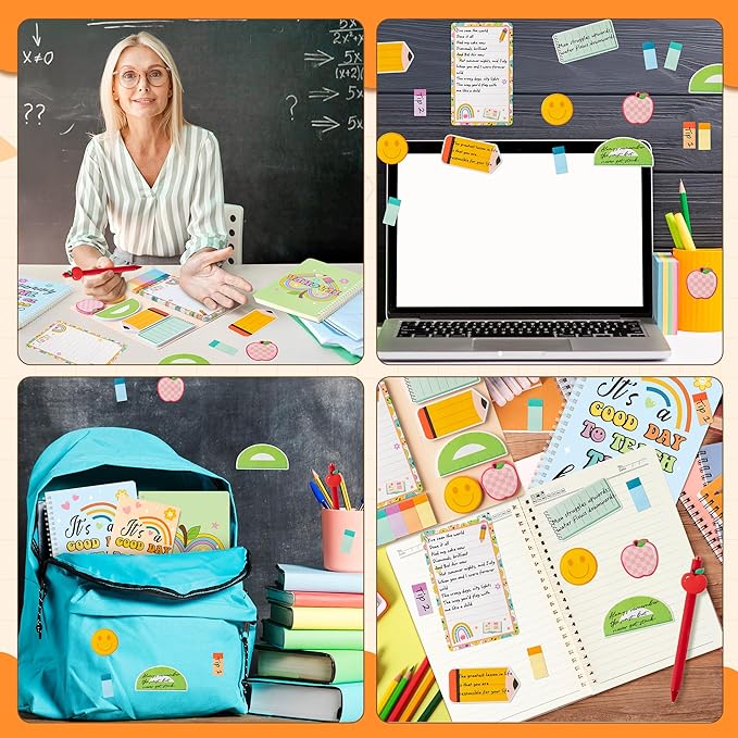 B1ykin Stationery Gift Set - 3Pcs Notebook Sticky Notes, A5 Spiral Notebooks & 550 Sheets Cute Sticky Notes with Pens Kit for Office School Teacher Thanksgiving Supplies (Restro Teacher)