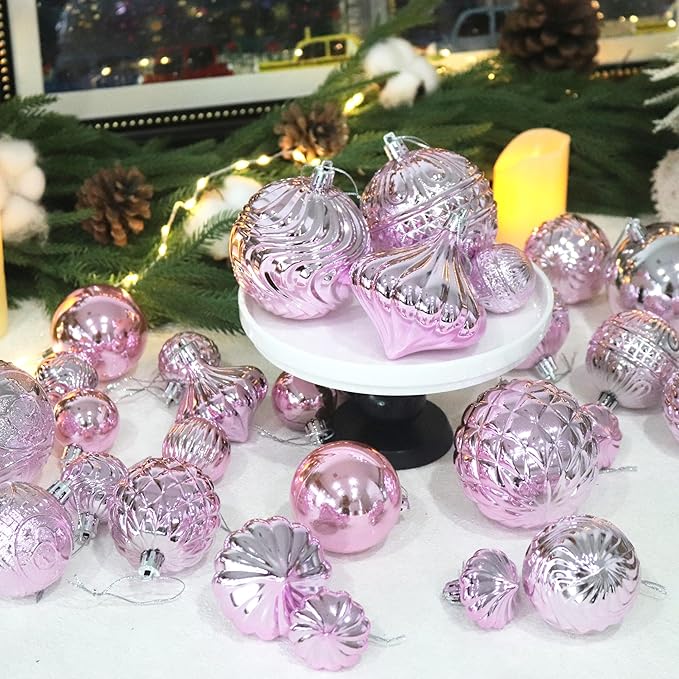 Christmas Ornaments Set with 36pcs Shatterproof Christmas Tree Decorations Multi-Size Christmas Ball Ornaments with 7 Styles Pink