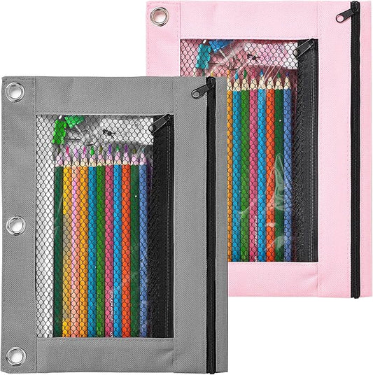 Sooez Pencil Pouch for 3 Ring Binder, 2 Pack Fabric Binder Pouch with 2 Pockets, Pencil Bags with Zipper and Reinforced Grommets, Pencil Cases for Binder
