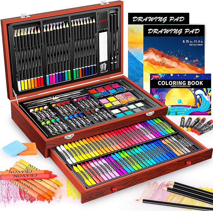 Caliart Art Supplies, 153-Pack Deluxe Art Set in Wooden Case, Crafts Drawing Painting Kits with 2 A4 Sketch Pads, Coloring Book, Christmas Birthday Gifts for Teens Girls Boys Kids Adults Artists