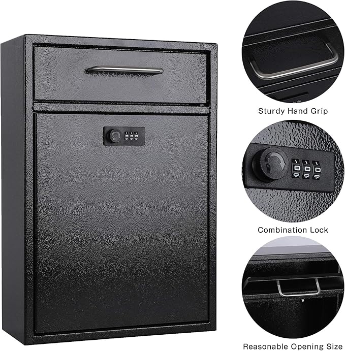 xydled Wall Mount Mailboxes with Combination Lock, Wall Mail Box for Outside, Locking Mailbox with Lock, Hanging Secured Postbox, Security Key Drop Box, 17.6H x 12.2L x 5.7W Inches, Black, XL Large