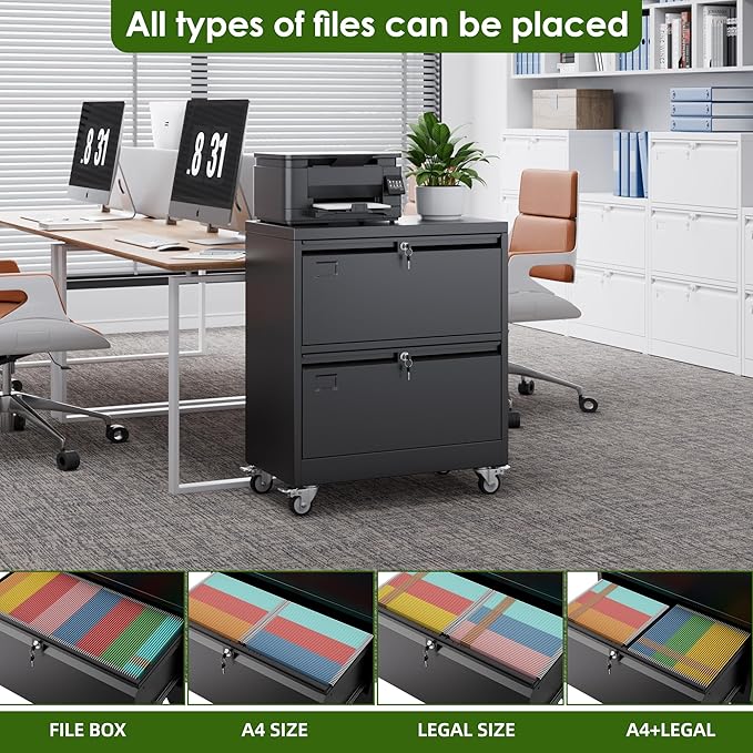Aobabo 2 Drawer Wide File Cabinet with Wheels, Lockable Metal Filing Cabinet for Home Office, Legal/Letter Size,Black,Required Assembled,15.87" D x 28.94" W x 34" H