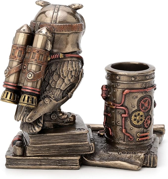 Veronese Design 5 1/4 Inch Steampunk Owl Cell Phone Holder Pen Holder Resin Sculpture Bronze Finish Statue Desk Stand Home Decor Aviation Bird Animal Gift