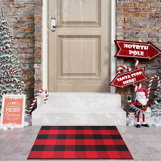 KIMODE Buffalo Plaid Outdoor Rug Red and Black 24"X35",Washable Christmas Front Door Mat,Reversible Cotton Hand-Woven Layering Rug for Front Porch Christmas Decor,Entryway,Kitchen