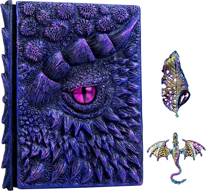 3D Dragon Eye Embossed Journal,Resin Engraving Notebook,Dnd notebook for Dragon Lovers ，Blank Paper,Hardcover Travel Notepad for Writing,Sketchbook,Collection,Gift,Decoration A4 and A5 Size (A5-Dark Purple-two brooches)