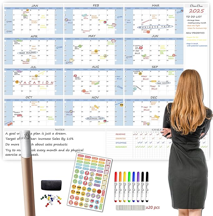 CLEVER CLEAN Large Dry Erase Wall Calendar - 48"x58" 12-month 2025 Undated Yearly Calendar for Home, Office, School Projects - Jumbo Laminated Task Organizer