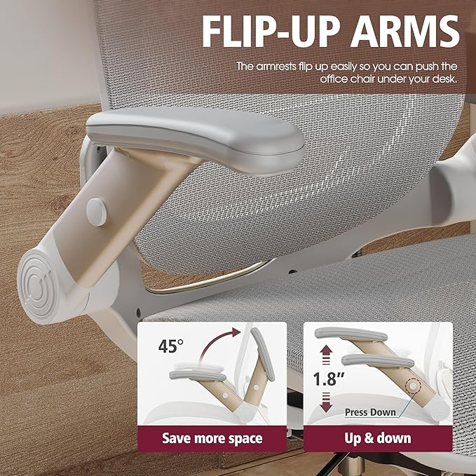 GABRYLLY Ergonomic Office Chair, High Back Home Desk Chair with Headrest, Flip-Up Arms, 90-120° Tilt Lock and Wide Cushion, Big and Tall Mesh Chairs for Man Woman, White Task Chair