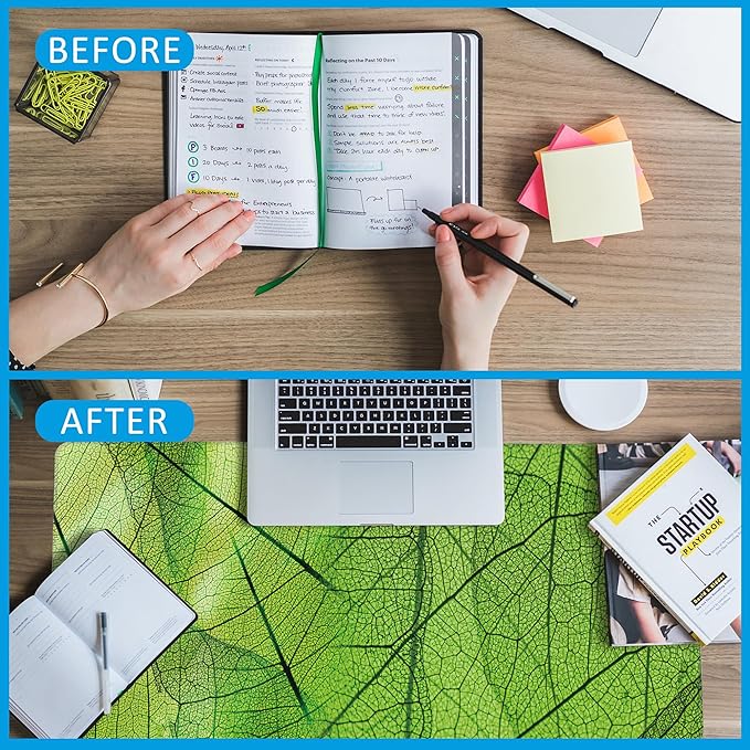 Green Foliage Texture Desk Mat,Large Gaming Mouse Pad,Non-Slip Rubber Base Desk Pad with Stitched Edges for Desk Office Home Decor 35.4X15.7 Inch