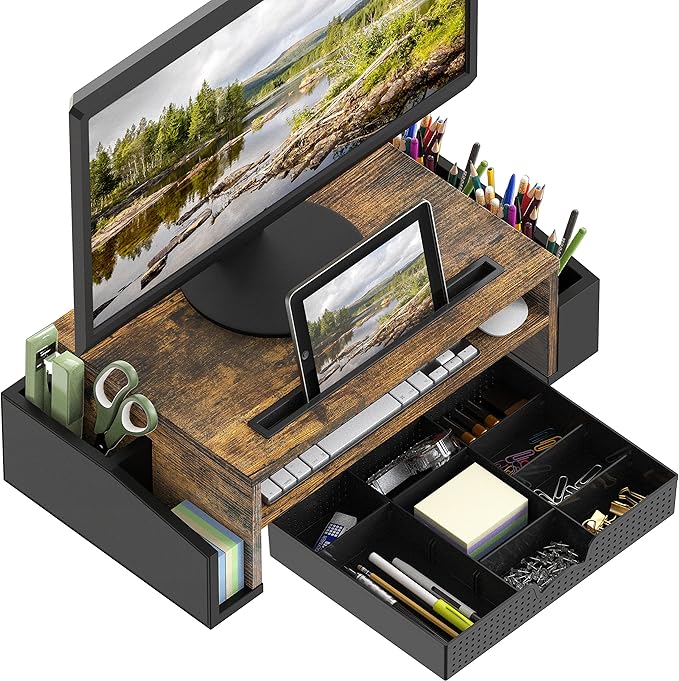 SIMPLE HOUSEWARE Desk Monitor Stand Riser with Adjustable Organizer Tray, Rustic Brown