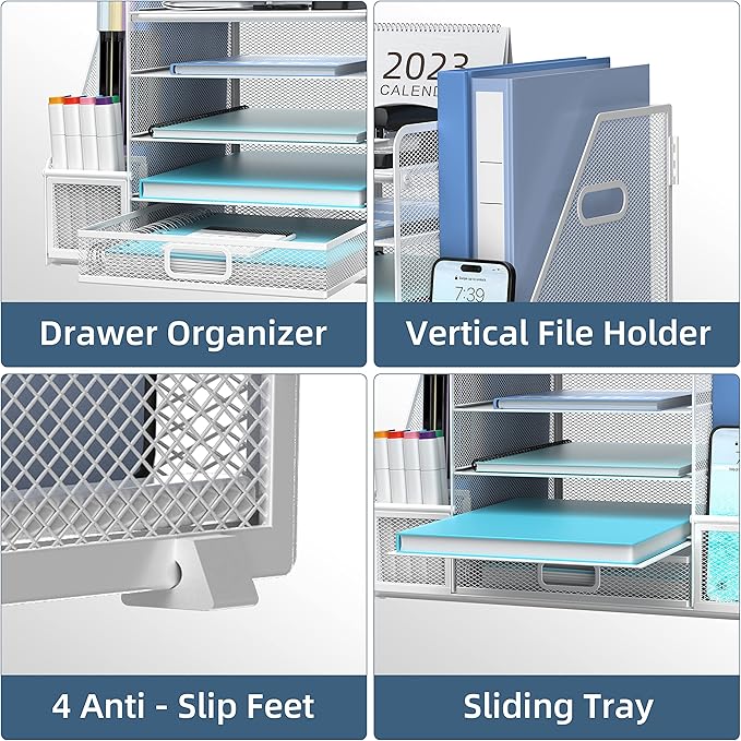 SUPEASY Mesh Desk Organizer with File Holder, 5-Tier Paper Letter Tray Organizer with Magazine Holder, Desktop Organizer and Storage with Drawer for Office Supplies Home or School, White