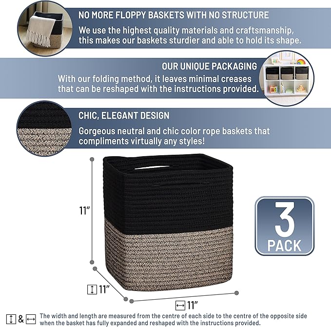 NaturalCozy Storage Cubes 11 Inch Cotton Rope Woven Baskets for Organizing, 3-Pack | Cube Storage Bin | Square Storage Baskets for Shelves Organizer, Classroom, Kids Toy Bins, Closet, Baby Nursery