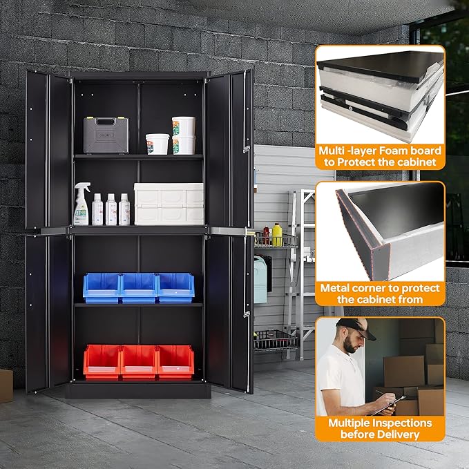 STANI Metal Storage Cabinet, Locking Steel Cabinet with 4 Doors and 2 Adjustable Shelves, 71" Tall Steel Cabinet for Home Office, Garage, School (Black)