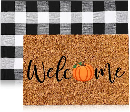 2 Pcs Thanksgiving Coir Doormat Outdoor Thanksgiving Pumpkin Welcome Outdoor Rugs for Layered Buffalo Black White Plaid Mats for Autumn Fall Front Door Porch Entryway Decor