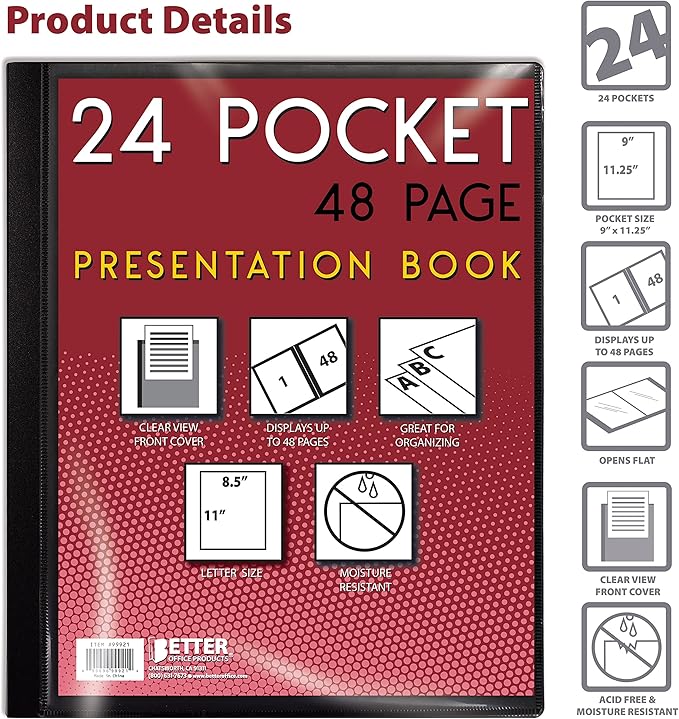 Better Office Products 24 Pocket Bound Presentation Book, Black with Clear View Front Cover, 48 Sheet Protector Pages, 8.5" x 11" Sheets, Art Portfolio, Durable Poly Covers, Letter Size, Black