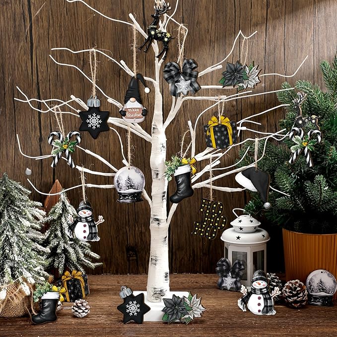 Huwena 36 Pcs Black Christmas Wooden Ornaments Black Christmas Decorations for Tree Snowman Gnomes Poinsettia Flowers Truck Wreath Wood Cutouts Tags with Ropes Winter Decor for Xmas Tree Gifts