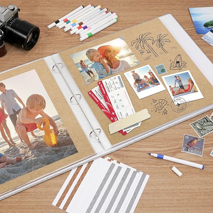 Vienrose Scrapbook Photo Album 12x12 Inch 3 Ring Binder, Linen Cover Large DIY Scrapbooks with 50 Sheets Plastic Sleeves 100 Pages Blank Khaki Inner Pages for Wedding Birthday Travel Baby Photos Grey