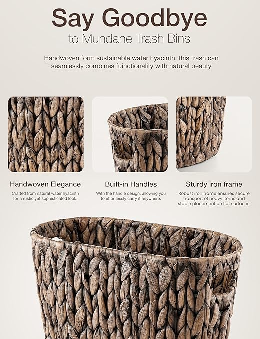 4 Gallons Wicker Waste Basket For Bathroom - Water Hyacinth Wicker Trash Can – Kitchen, Home Bathroom Garbage Can, Oval Magazine Basket - Desk Trash Can, Office Garbage Can with Handles (Black)