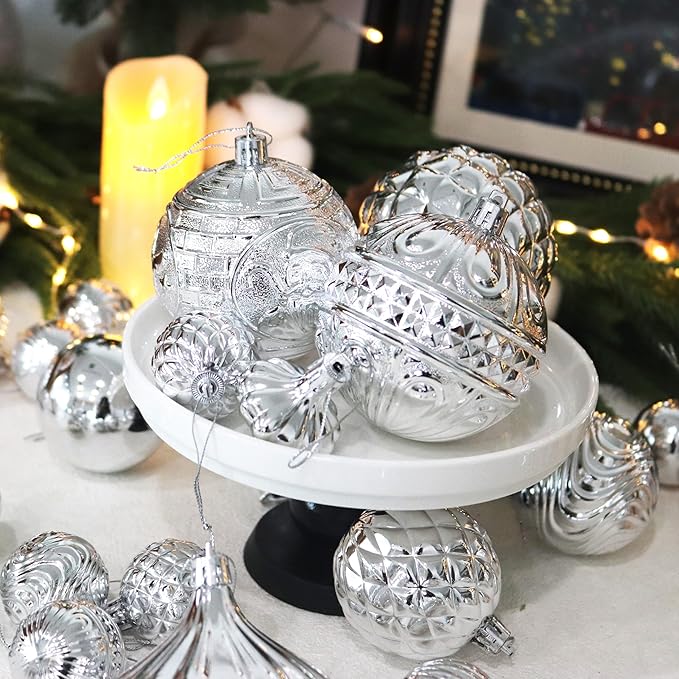 Christmas Ornaments Set with 36pcs Shatterproof Christmas Tree Decorations Multi-Size Christmas Ball Ornaments with 7 Styles Silver