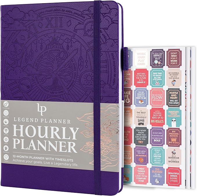 Legend Planner Hourly Schedule Edition – Deluxe Weekly & Daily Organizer with Time Slots. Time Management Appointment Book Journal for Work & Personal Life, Undated, A5 Hardcover – Purple, Debossed