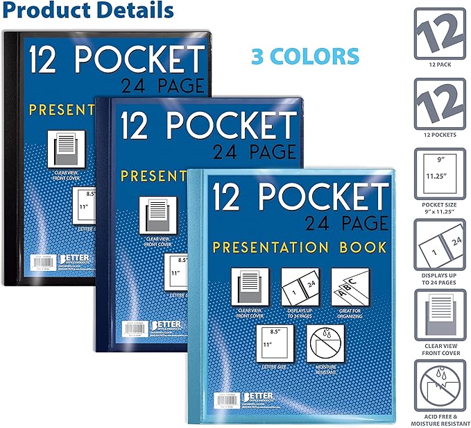 Better Office Products 12 Pocket Bound Presentation Book, Assorted Colors, Clear View Front Cover, 24 Sheet Protector Pages, 8.5" x 11" Sheets, Art Portfolio, Poly Covers, Letter Size (12 Pack)