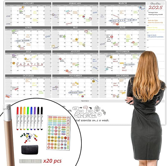 CLEVER CLEAN Large Dry Erase Wall Calendar - 48"x58" 12-month 2025 Undated Reusable Yearly Calendar for Home, Office, School Projects - Jumbo Laminated Task Organizer