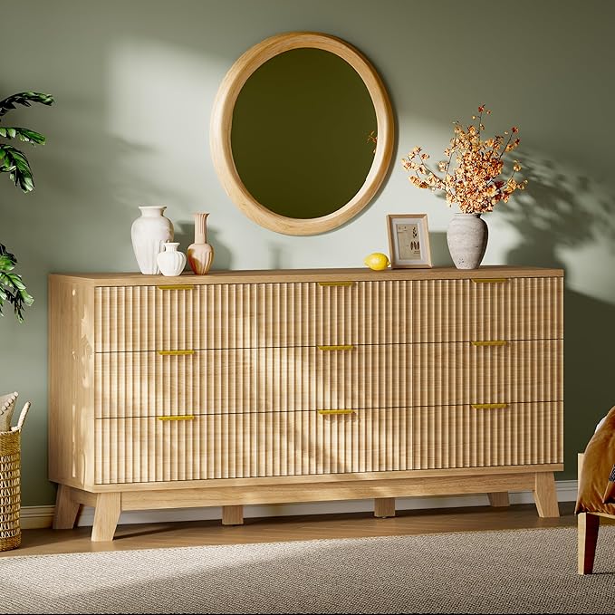 Fluted Dresser with 9 Drawers, 63" Wide Modern Chest of Drawers with Metal Handle, Wooden Dresser TV Stand, Wood Closet Clothes Storage Organizer for Bedroom, Living Room, Hallway, Natural Oak