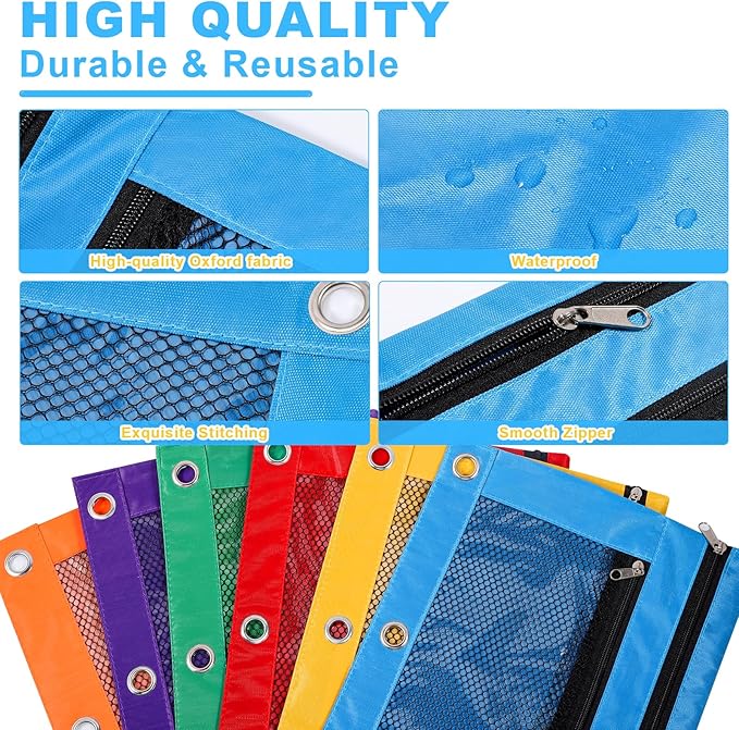 60PCS Pencil Pouches for 3 Ring Binder, 10x7.5 Inch Zippered Binder Pouch, Double Layer Clear PVC and Mesh Pencil Bags with Zipper for School Supplies Organization, Classroom, Travel and Home Storage