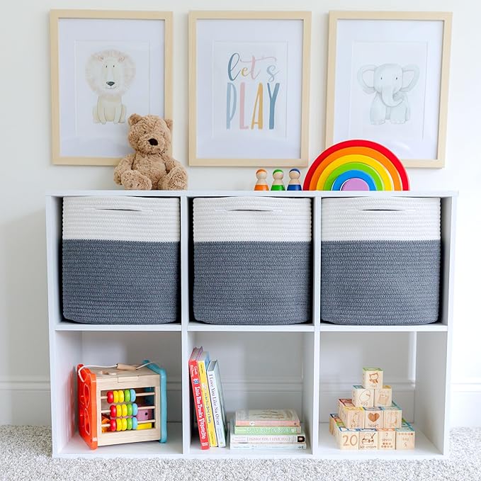 NaturalCozy Storage Cubes 11 Inch Cotton Rope Woven Baskets for Organizing, 3-Pack | Cube Storage Bin | Square Storage Baskets for Shelves Organizer, Classroom, Kids Toy Bins, Closet, Baby Nursery