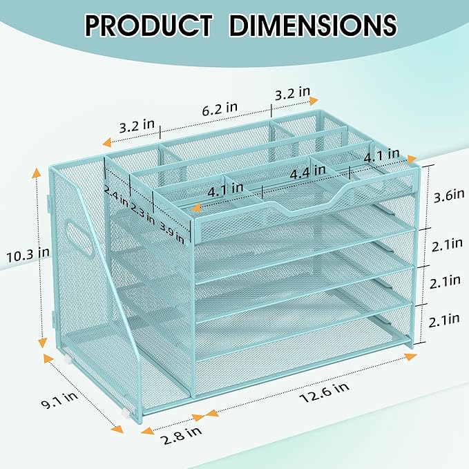 5 Tier Paper Letter Tray with File Holder and 3 Drop-in Pen Holders, Mesh Desk File Organizer with Handle, Desk Organizers and Accessories for School,Home, Office Supplies Storage-Blue