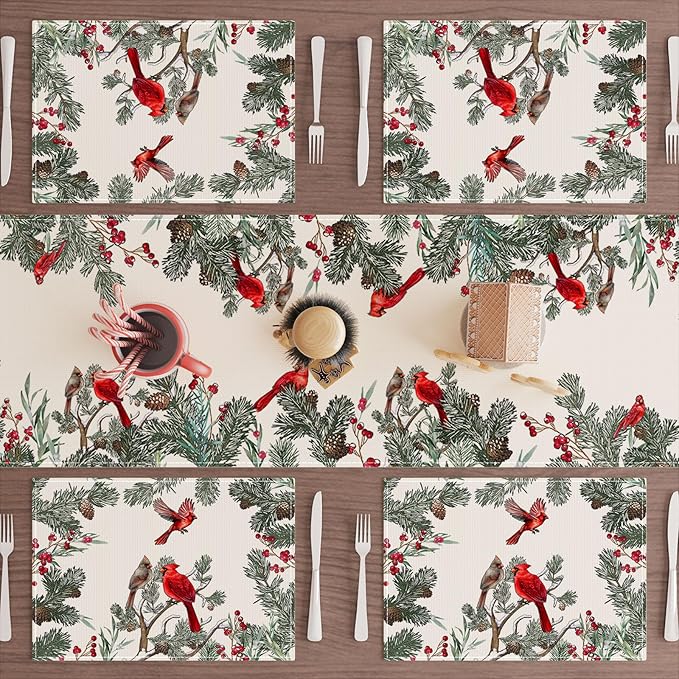 XCHI Cardinal Birds Winter Pine Tree Christmas Xmas Placemats Set of 4 Table Mats for Party Home Kitchen Dining Table Decorations 12x18 Inch