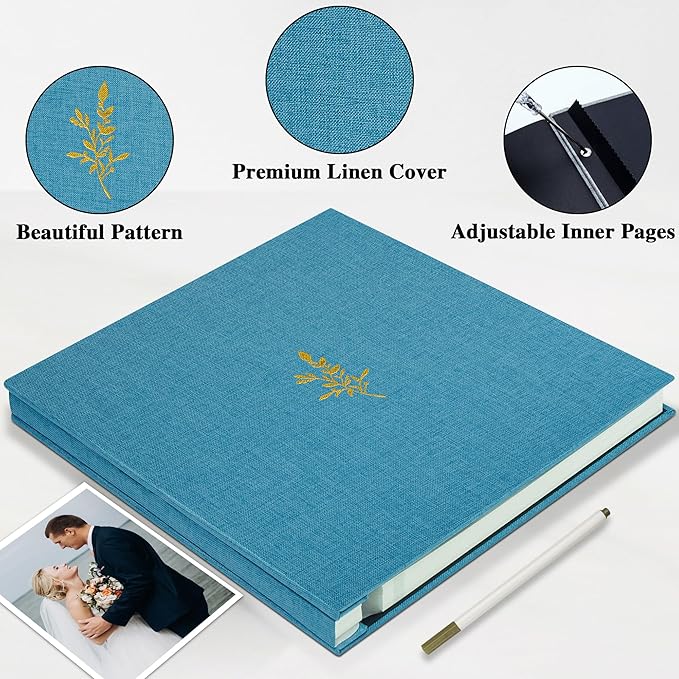 Self Adhesive Photo Album, Sky Blue Scrapbook Album with DIY 60 Blank Pages, Wedding Photo Album with A Metallic Pen for 4x6 5x7 2x3 Pictures, 10.6"x11"