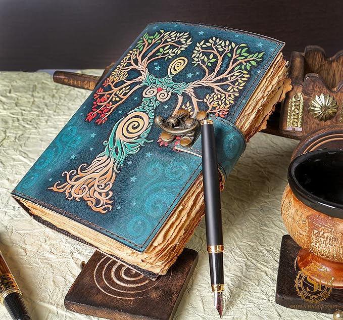 SH SHIFAA HANDICRAFT Blank Spell Book Of Shadows Journal With Lock Clasp Prop Vintage Handmade Leather Diary Embossed Prayer Pagan Antique Witchcraft Supplies Wiccan Notebook Daily (13x10)