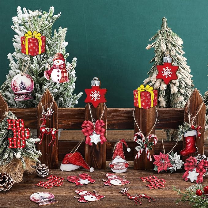 Huwena 36 Pcs Christmas Wooden Ornaments Red Xmas Tree Decorations Snowman Gnomes Poinsettia Flowers Truck Wreath Wood Cutouts Tags with Ropes Winter Christmas Decor for Xmas Tree Home Wreath Gifts