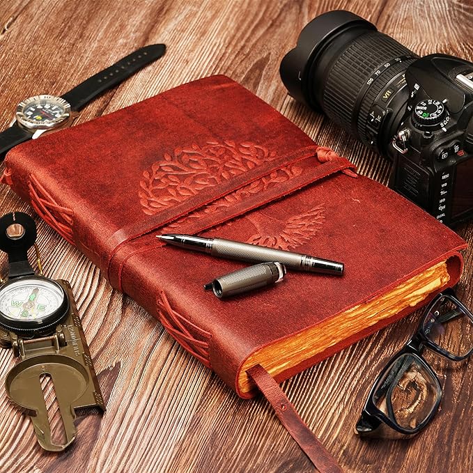 LUXEORIA Tree Of Life Leather Journal for Women and Men, Handcrafted Leather Journal for Writing Womens, Sketchbook, Travel Diary with Unlined Deckle Paper, Wine Red 7x10