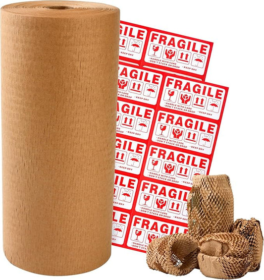 Honeycomb Packing Paper 12" Width X 400 FT for Moving Glass Dishes Recyclable Wrapping Paper Bubble Wrap Packing Material for Shipping Fragile Items Shipping Filler with 20 Fragile Stickers