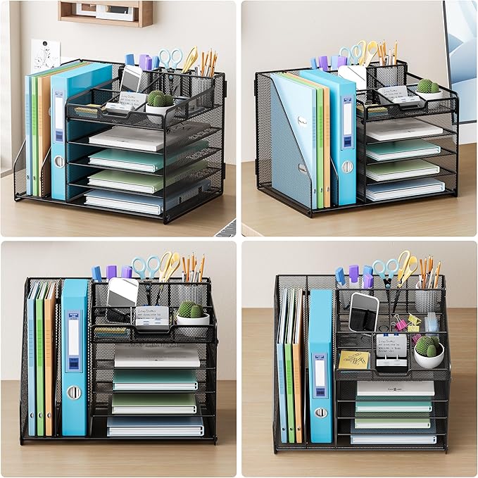 Lavatino Desk Organizer, 5-Tier Metal Mesh Paper Letter Tray with 2 File Holders & 7 Flexible Dividers for Office or Home Desk Organizers and Accessories, Keep Workspace Supplies Neat, Black