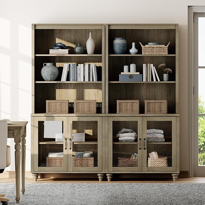 WAMPAT 5 Tier Wooden Bookcase 72" Tall Bookshelf with Glass Doors,Large Farmhouse Display Book Shelf with Adjustable Shelves and Storage Cabinet for Living Room, Study Room, Bedroom, Wash Grey