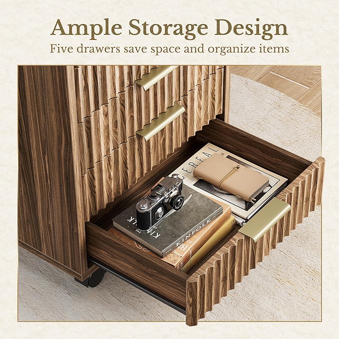 5 Drawer Chest, Under Desk Storage Wood Drawers with Wheels, Fluted File Cabinet for Home Office, Black Walnut