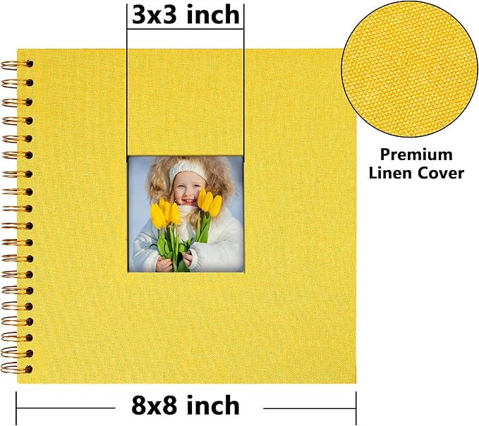 Vienrose 8x8 Inch Scrapbook DIY Small Hardcover Kraft White Pages Scrapbook Photo Album Linen Cover Scrap Book Photo Albums Scrapbooking Supplies Kit for Couple Family Wedding Travel Yellow