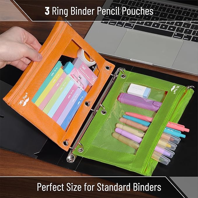 Mr. Pen- 2 Pack Pencil Pouch - Green and Orange Flat Zipper Pouch for 3 Ring Binder