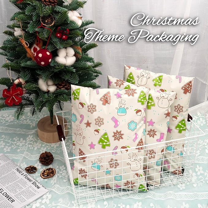 Christmas Poly Mailer 10x13 Inch 100 Pcs, Waterproof Shipping Bags for Clothing, Tear-Resistant Mailier Bags, Strong Mailing Bags with Self-Seal - Christmas Elements Printed