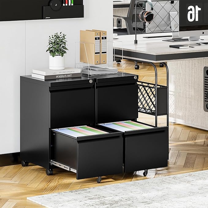 2 Drawer File Cabinet On Wheels Mobile Cabinet with Lock Under Desk Metal Filing Cabinet On Rollers Small Rolling File Cabinet Black Printer Stand for Home Office Fully Assembled