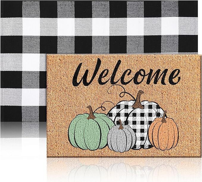 2 Pcs Thanksgiving Coir Doormat Outdoor Fall Pumpkin Welcome Outdoor Rugs for Layered Buffalo Black White Plaid Mats for Autumn Fall Front Door Porch Entryway Decor