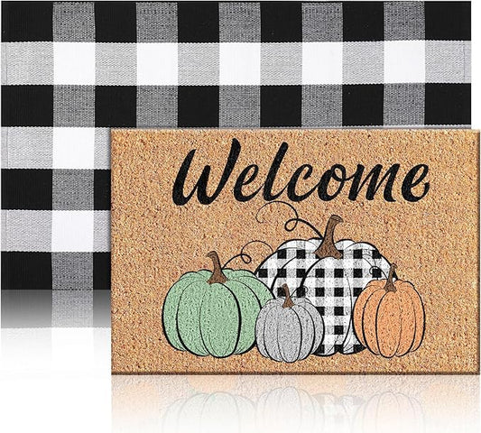 2 Pcs Thanksgiving Coir Doormat Outdoor Fall Pumpkin Welcome Outdoor Rugs for Layered Buffalo Black White Plaid Mats for Autumn Fall Front Door Porch Entryway Decor