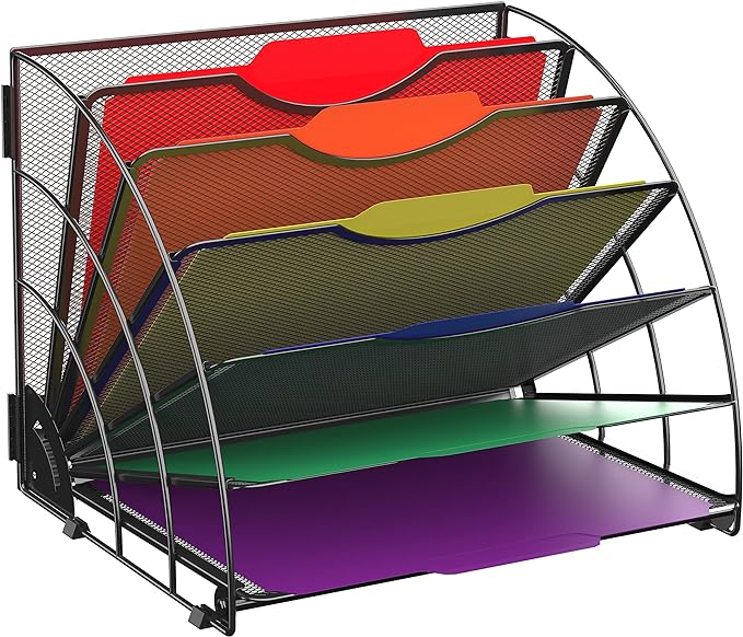 SUPEASY Fan Shaped Desk File Organizer, 6 Compartments for Filing Paper Bills, Letters, Desk Accessories for Workspace, School, Office, Waiting Room, Classroom Storage, Black