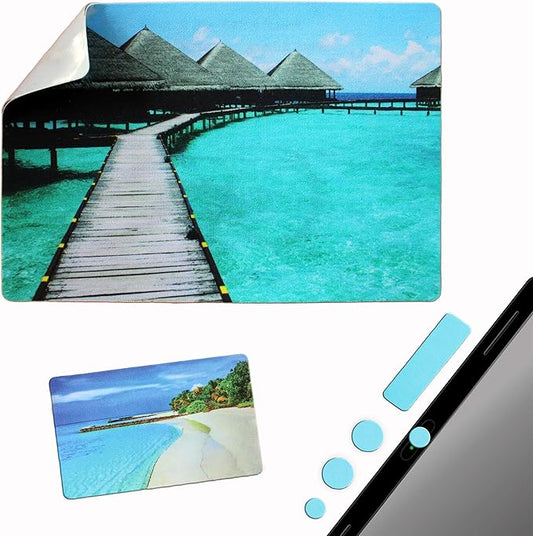 Mouse Pad Adhesive Bottom - Sticks to Any Surface - Portable - Webcam Covers and Screen Cleaner Included (Beach)
