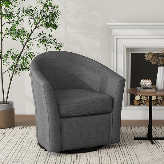 UIXE 360° Swivel Barrel Accent Chair, Modern Round Arm Chair Upholstered Club Armchair, Single Sofa Seating in Fabric for Living Room, Bedroom (Dark Grey)
