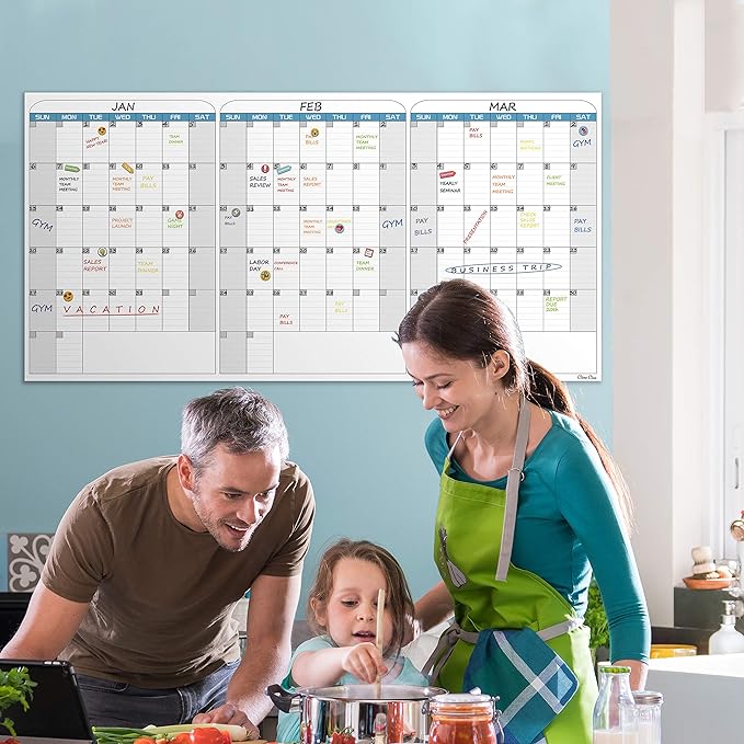 CLEVER CLEAN Large Dry Erase Wall Calendar - 36"x72" Undated 3-Month Calendar for Home, School, Office Projects - Jumbo Reusable Task Organizer