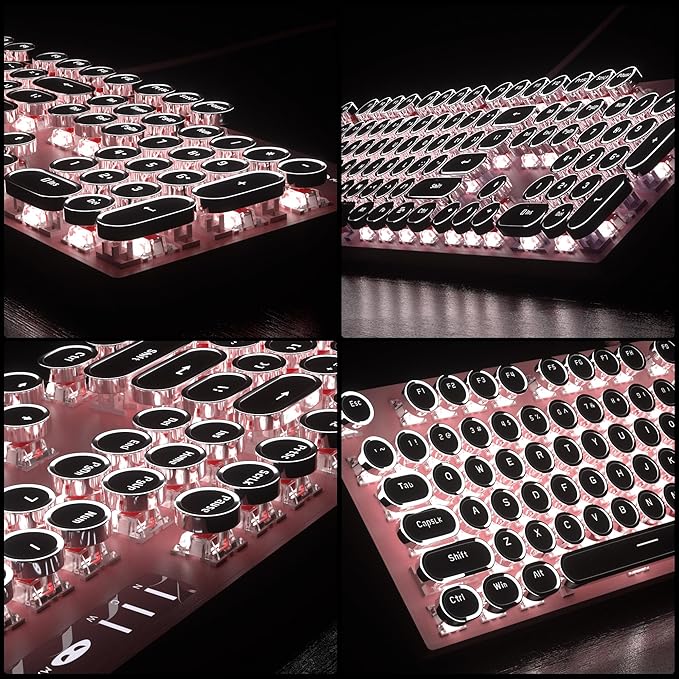 Retro Pink Typewriter-Style Keyboard and Mouse Combo, Cute Light Up Wired Mechanical Keyboard with Linear Red Switches, Full Size for Gaming, Work, Mac, PC, Windows