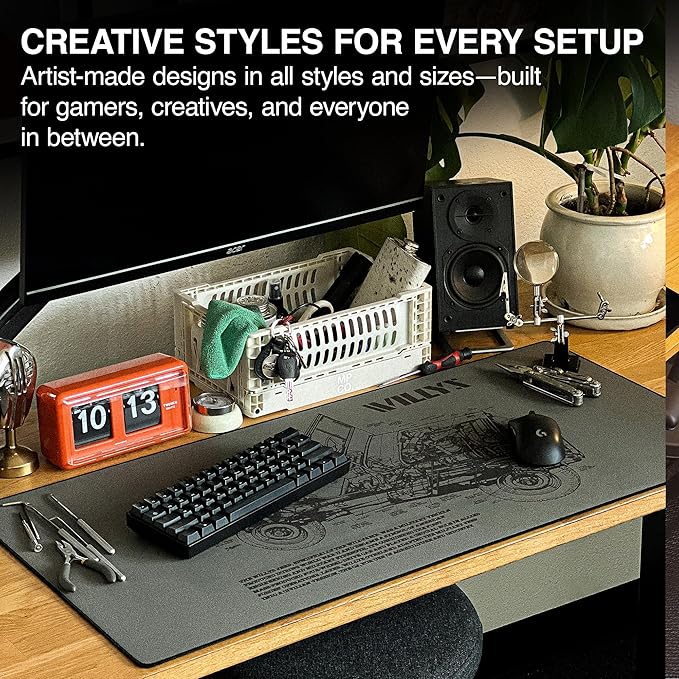 MPCO. Blueprints Large Gaming Desk Pad - 36" x 17" Duraglyde Fabric Willys Jeep – Green Desk Mats - Non-Slip, Washable, Smooth Glide for Precision Gaming & Work